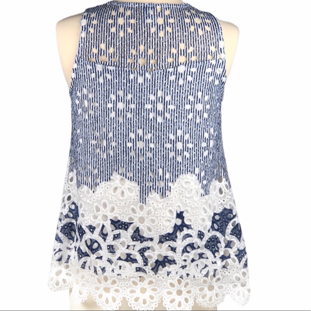 Sleeveless Top Blue White Stripes Lace Tassel XS - Picture 4 of 8
